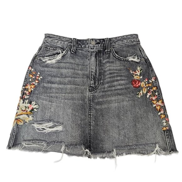 Abercrombie & Fitch Floral Embroidered Distressed Denim Faded Black Wash Skirt - Picture 1 of 8